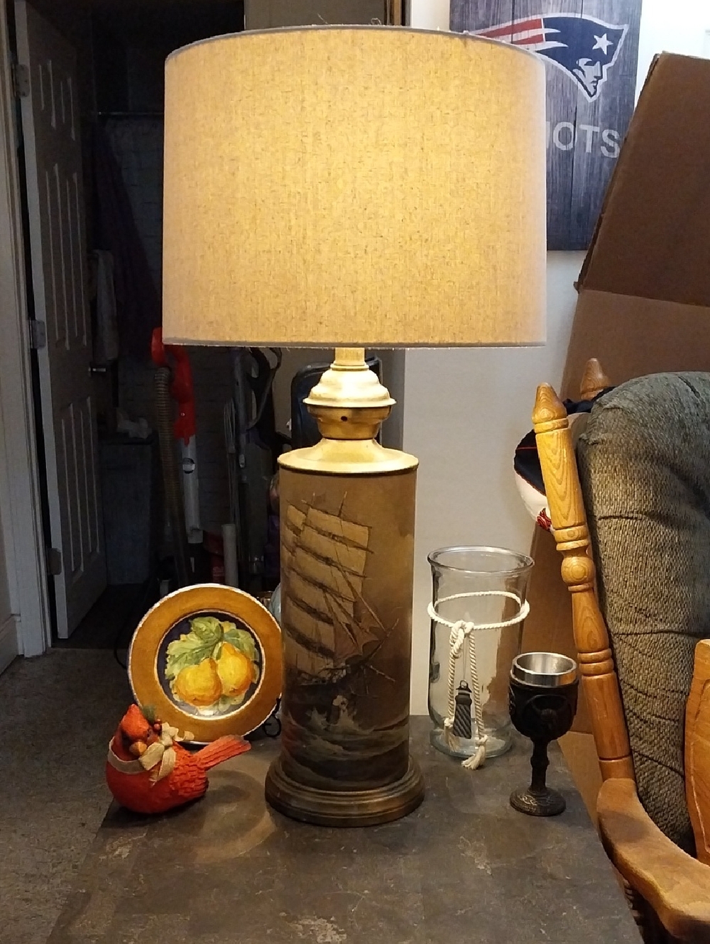 Vintage Nautical Table Lamp with Sailing Ship Motif - Brass Tones
